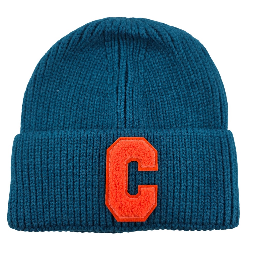 C Patch Ribbed Knit Beanie Unisex One Size Teal Blue NEW Collegiate Streetwear